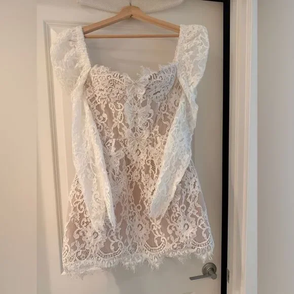 NWOT BRONX AND BANCO Colette White Lace Long Sleeve Mini Wedding Bridal Dress - Picture 10 of 16